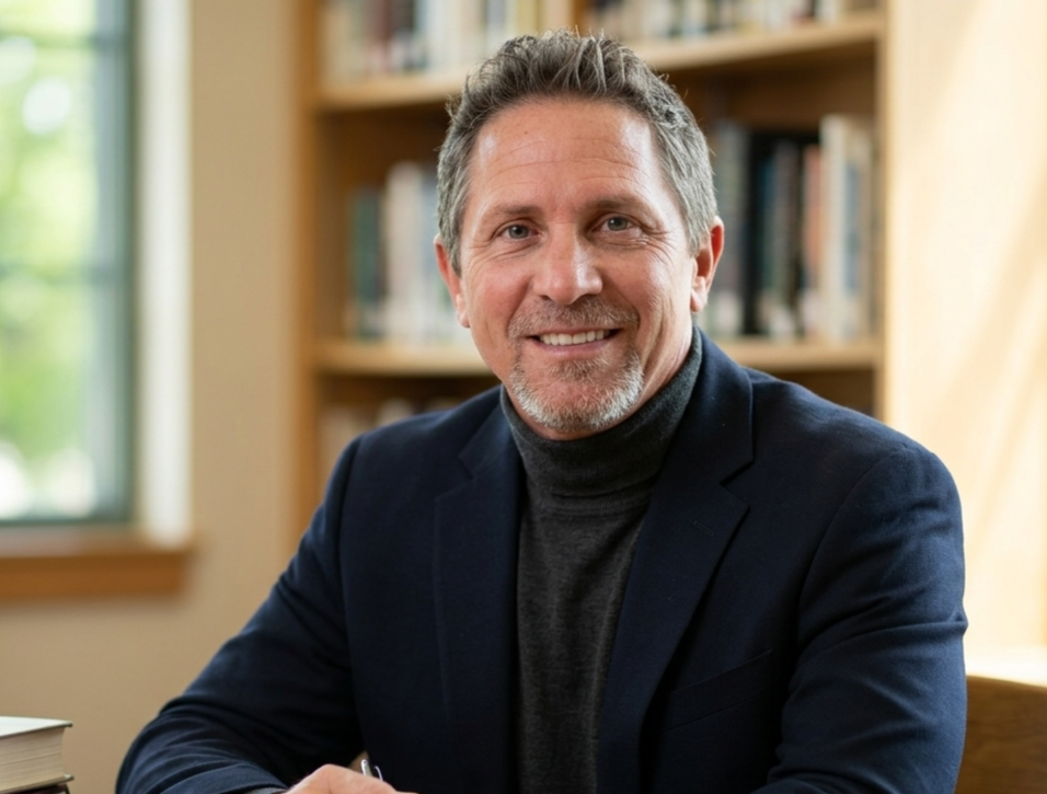 Shawn Spencer in his study, surrounded by books